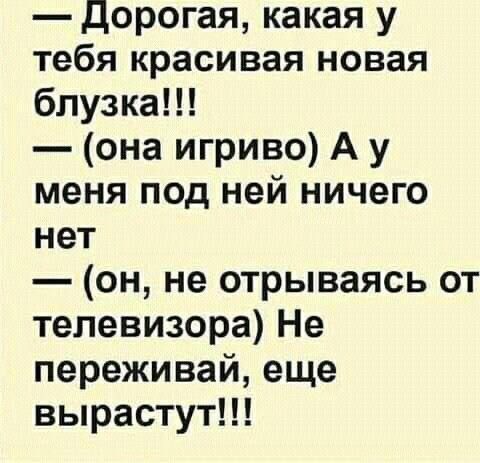 Дорогая какая у тебя красивая новая блузка она игриво А у меня под ней ничего нет он не отрываясь от телевизора Не переживай еще вырастут