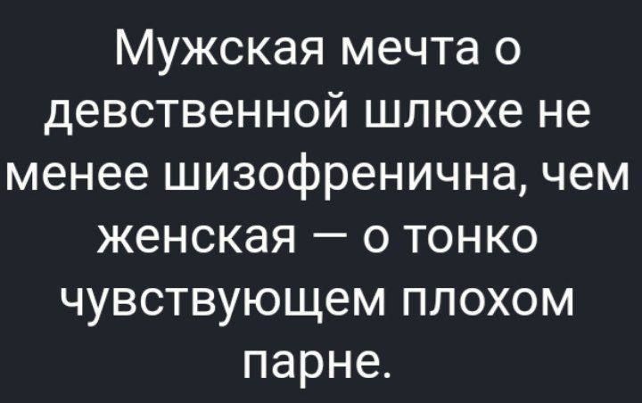 Мужская мечта о девственной шлюхе не менее шизофренична чем женская о ТОНКО чувствующем плохом парне