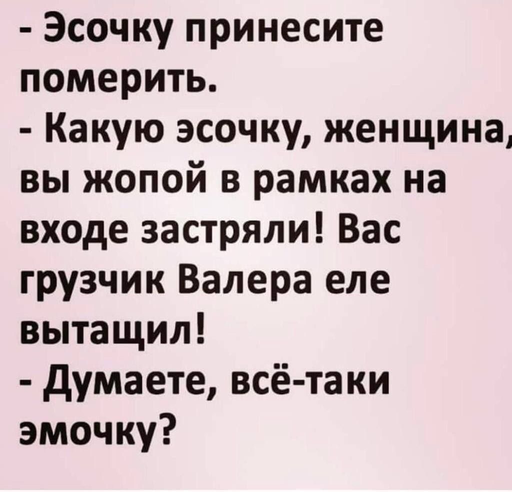 Эсочку принесите померить Какую эсочку женщина вы жопой в рамках на входе застряли Вас грузчик Валера еле вытащил Думаете всё таки эмочку