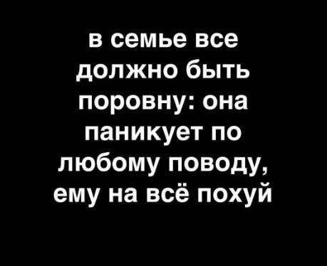 в семье все должно быть поровну она паникует по любому поводу ему на всё похуй