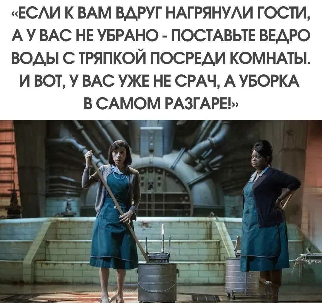 «ЕСЛИ К ВАМ ВДРУГ НАГРЯНУЛИ ГОСТИ, А У ВАС НЕ УБРАНО - ПОСТАВЬТЕ ВЕДРО ВОДЫ С ТРЯПКОЙ ПОСРЕДИ КОМНАТЫ. И ВОТ, У ВАС УЖЕ НЕ СРАЧ, А УБОРКА В САМОМ РАЗГАРЕ!»