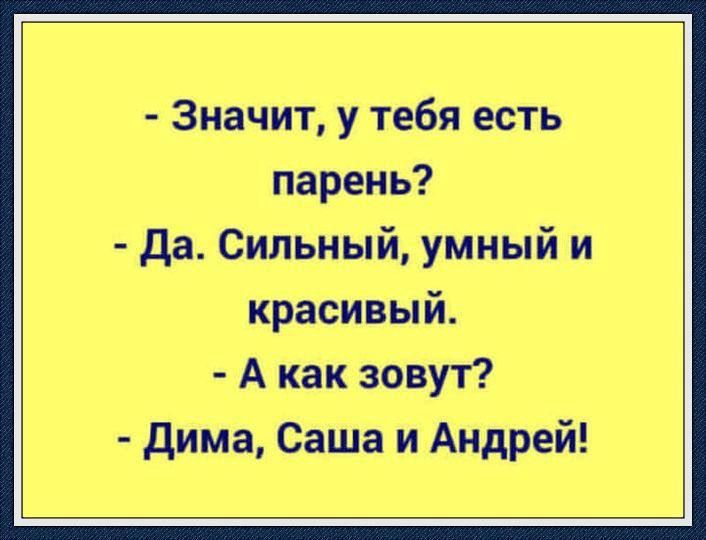 - Значит, у тебя есть парень?
- Да. Сильный, умный и красивый.
- А как зовут?
- Дима, Саша и Андрей!