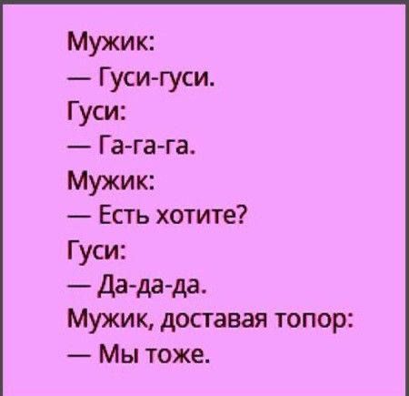 Мужик:
— Гуси-гуси.
Гуси:
— Га-га-га.
Мужик:
— Есть хотите?
Гуси:
— Да-да-да.
Мужик, доставая топор:
— Мы тоже.