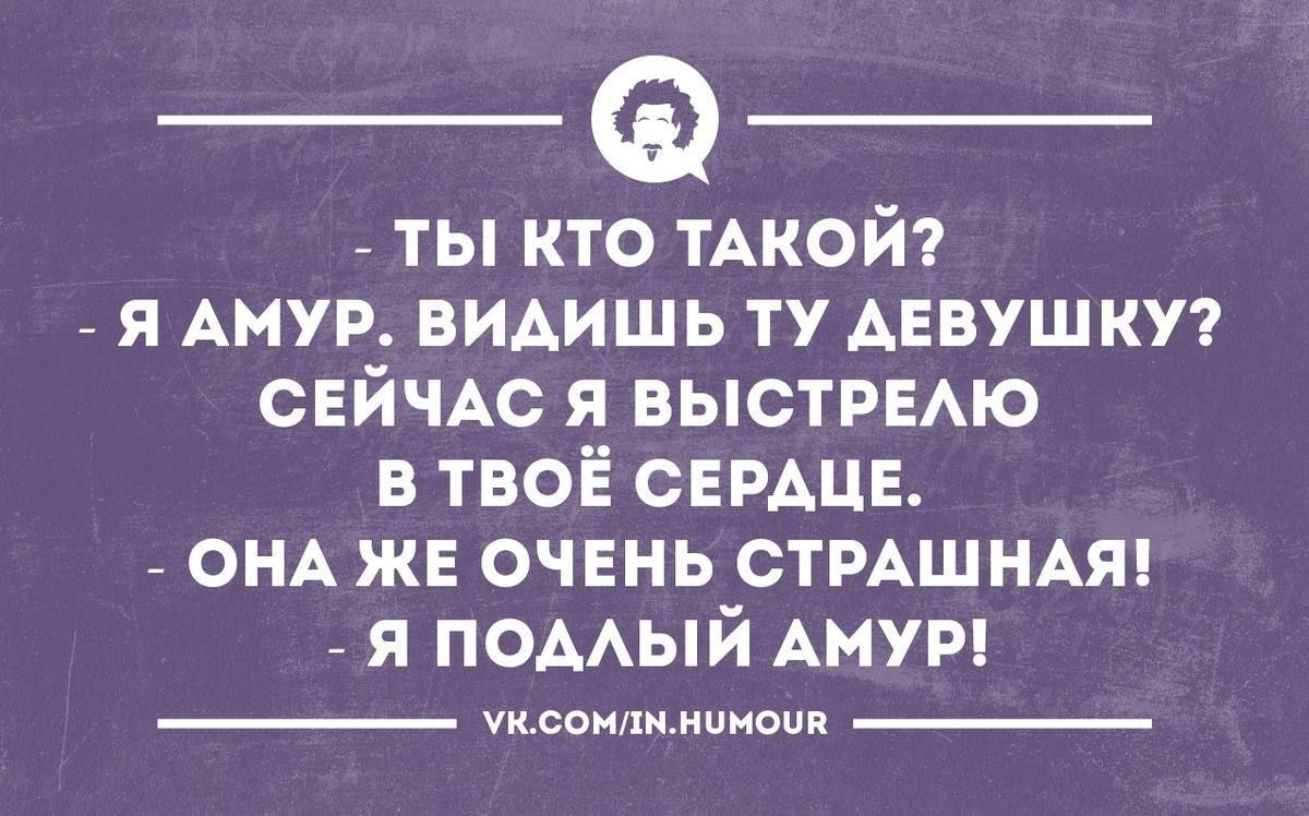Ты кто такой? - Я Амур. Видишь ту девушку? Сейчас я выстрелю в твое сердце. - Она же очень страшная! - Я подлый Амур!