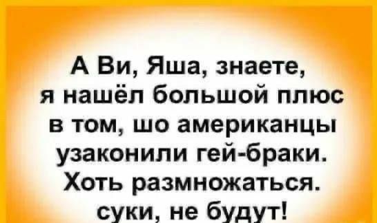 А Ви, Яша, знаете, я нашёл большой плюс в том, шо американцы узаконили гей-браки. Хоть размножаться. суки, не будут!