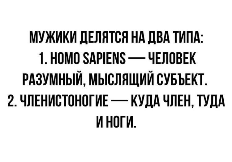 МУЖИКИ ДЕЛЯТЬСЯ НА ДВА ТИПА:
1. НОМО SAPIENS — ЧЕЛОВЕК РАЗУМНЫЙ, МЫСЛЯЩИЙ СУБЪЕКТ.
2. ЧЛЕНИСТОНОГИЕ — КУДА ЧЛЕН, ТУДА И НОГИ.