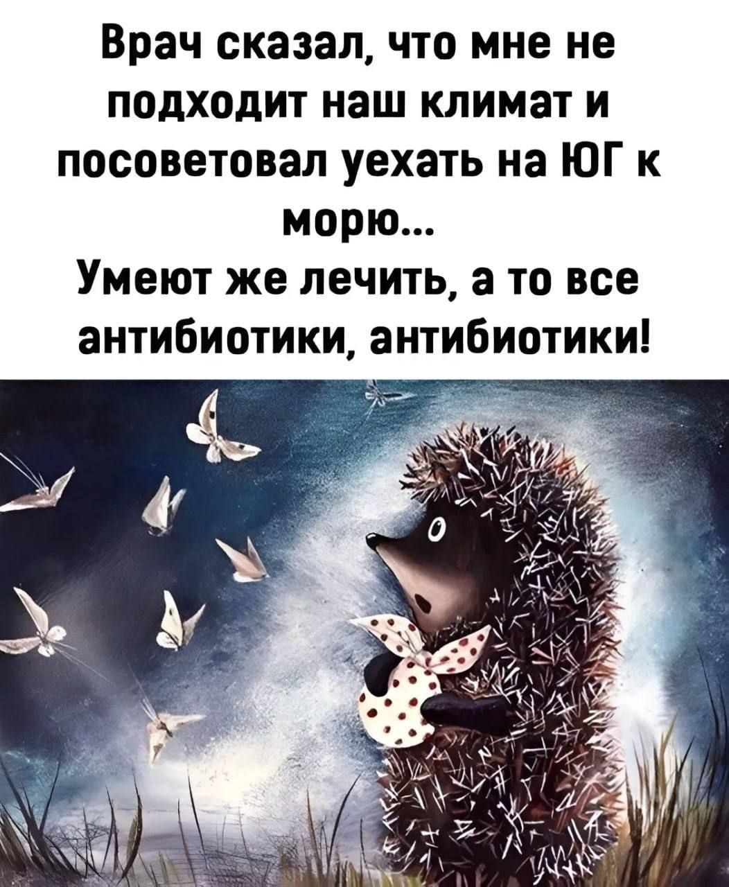 Врач сказал, что мне не подходит наш климат и посоветовал уехать на ЮГ к морю...
Умеют же лечить, а то все антибиотики, антибиотики!