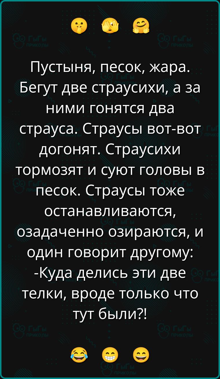 Пустыня, песок, жара. Бегут две страусихи, а за ними гонятся два страуса. Страусы вот-вот догонят. Страусихи тормозят и суют головы в песок. Страусы тоже останавливаются, озадаченно озираются, и один говорит другому: -Куда делись эти две телки, вроде только что тут были?!