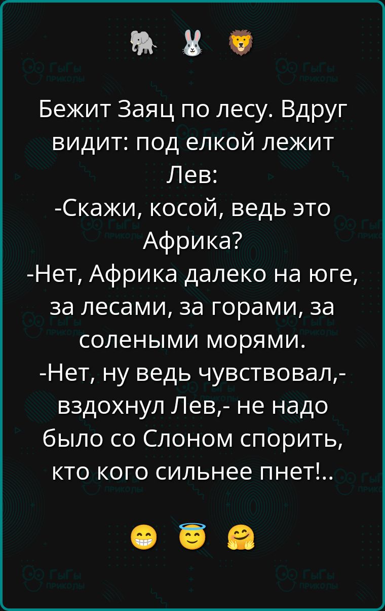 Бежит Заяц по лесу. Вдруг видит: под елкой лежит Лев:
-Скажи, косой, ведь это Африка?
-Нет, Африка далеко на юге, за лесами, за горами, за солеными морями.
-Нет, ну ведь чувствовал,- вздохнул Лев,- не надо было со Слоном спорить, кто кого сильнее пнет!..