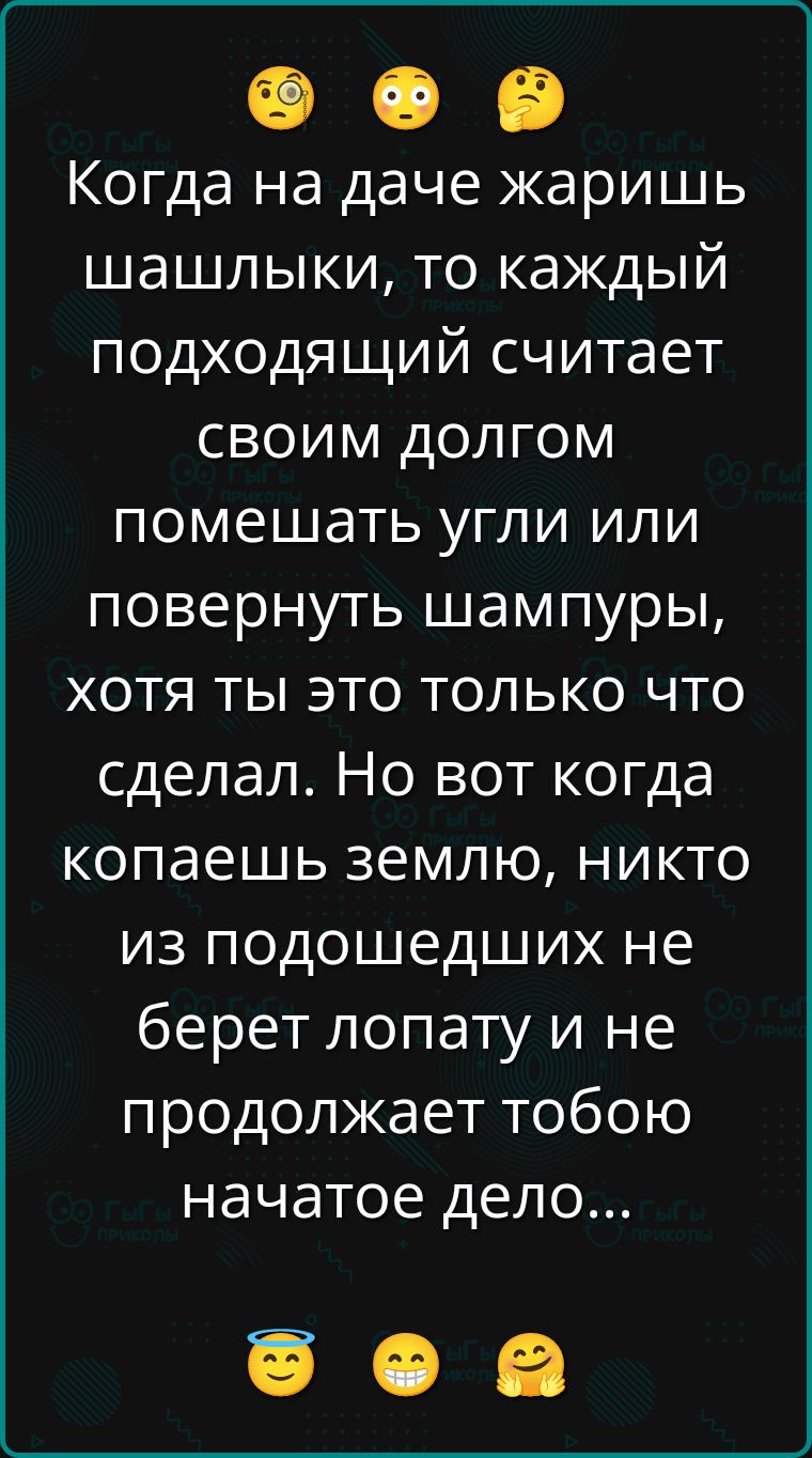 Когда на даче жаришь шашлыки, то каждый подходящий считает своим долгом помешать угли или повернуть шампуры, хотя ты это только что сделал. Но вот когда копаешь землю, никто из подошедших не берет лопату и не продолжает тобою начатое дело...