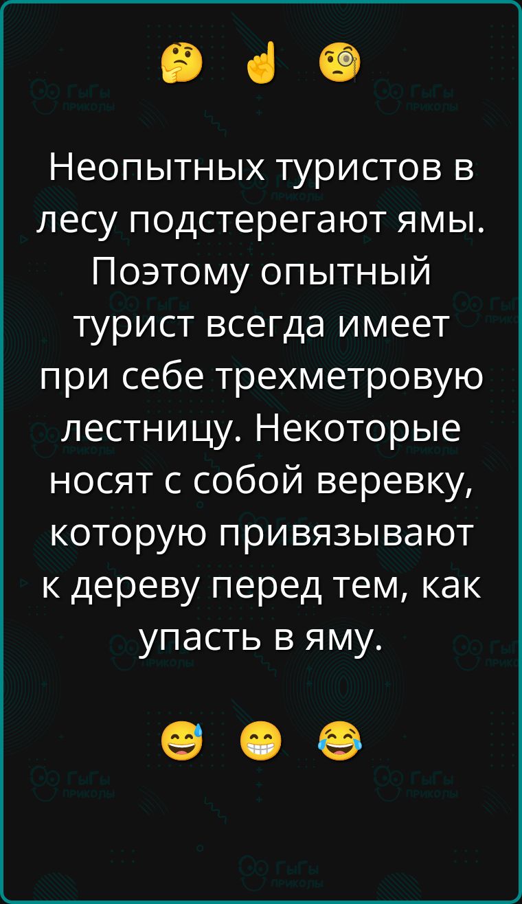 Неопытных туристов в лесу подстерегают ямы. Поэтому опытный турист всегда имеет при себе трехметровую лестницу. Некоторые носят с собой веревку, которую привязывают к дереву перед тем, как упасть в яму.