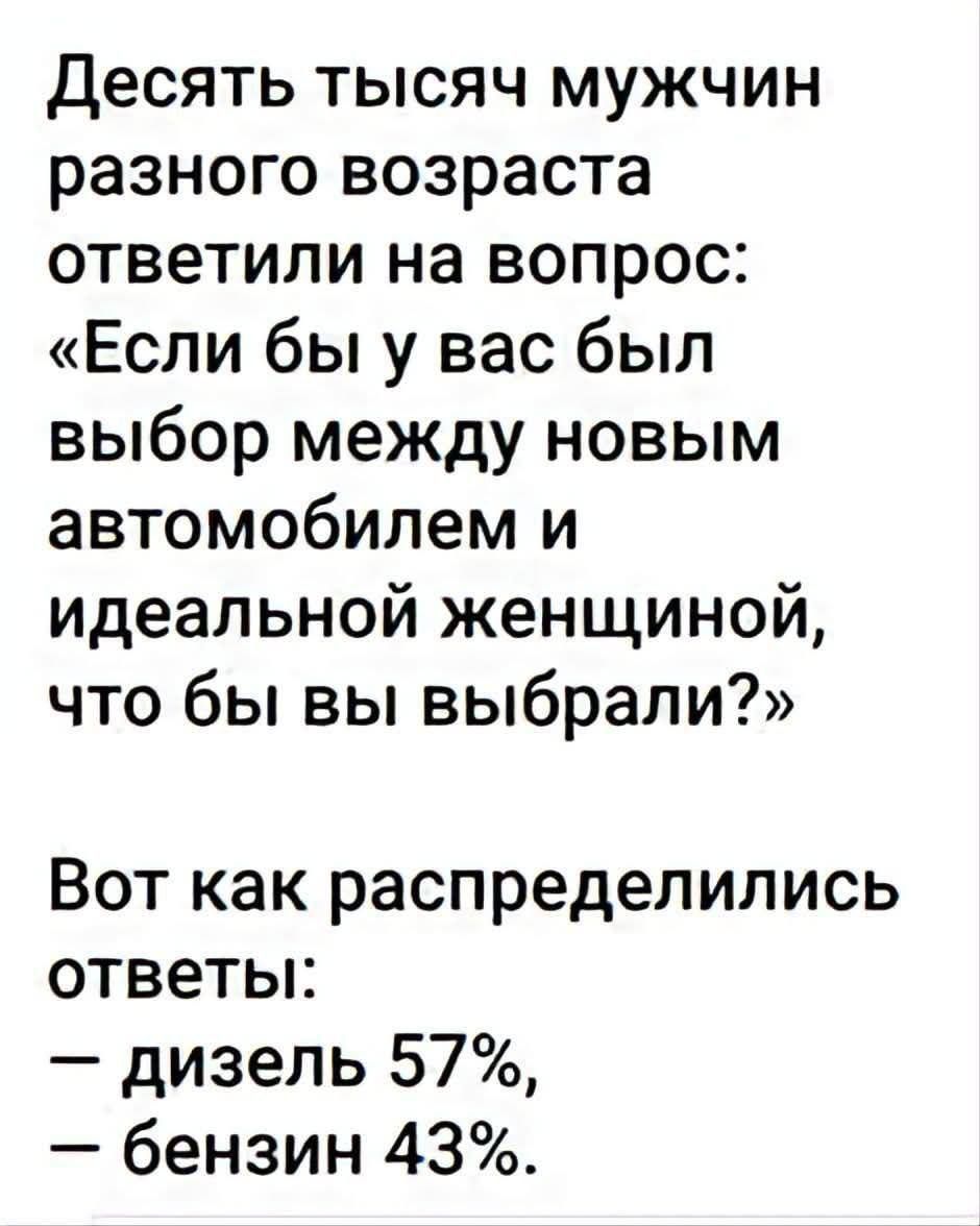 Десять тысяч мужчин разного возраста ответили на вопрос: «Если бы у вас был выбор между новым автомобилем и идеальной женщиной, что бы вы выбрали?» Вот как распределились ответы: — дизель 57%, — бензин 43%.