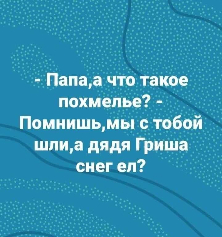- Папа,а что такое похмелье? - Помнишь,мы с тобой шли,а дядя Гриша снег ел?