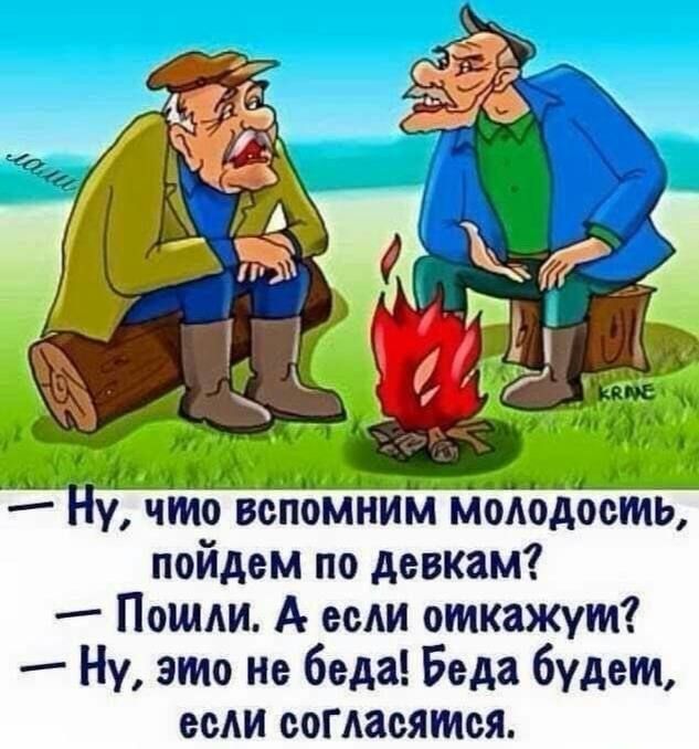 — Ну, что вспомним молодость, пойдем по девкам? — Пошли. А если откажут? — Ну, это не беда! Беда будем, если согласимся.