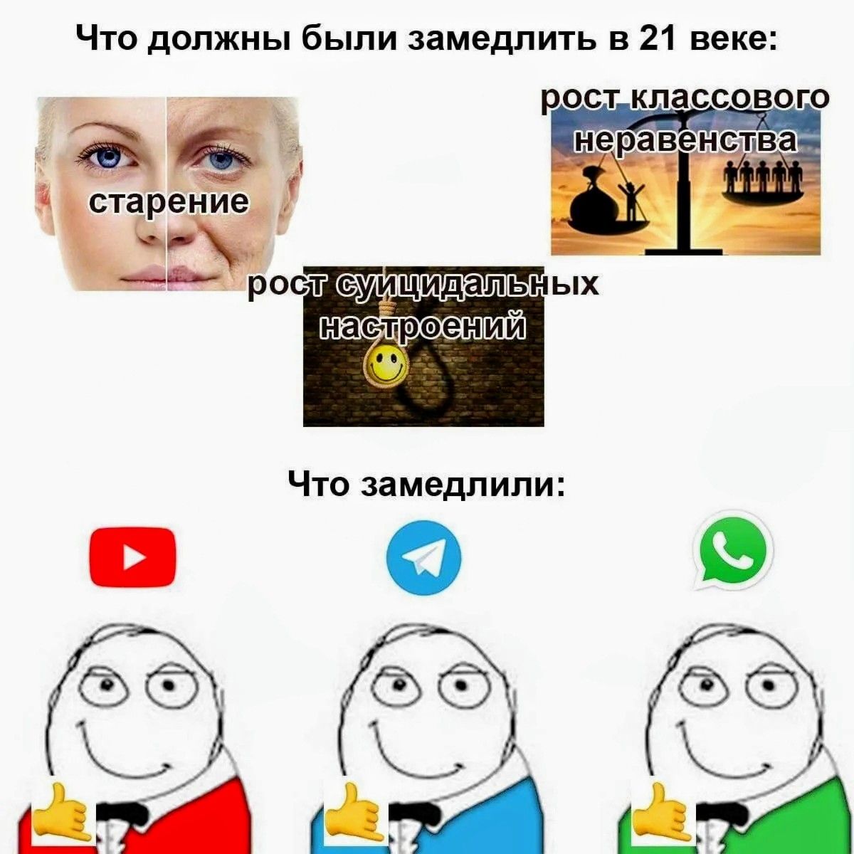 Что должны были замедлить в 21 веке: старение, рост суицидальных настроений, рост классового неравенства. Что замедлили: YouTube, Telegram, WhatsApp.