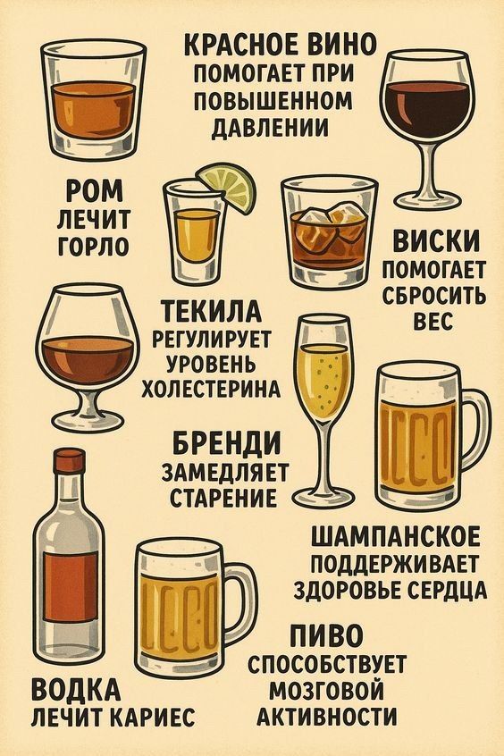 КРАСНОЕ ВИНО ПОМОГАЕТ ПРИ ПОВЫШЕННОМ ДАВЛЕНИИ; РОМ ЛЕЧИТ ГОРЛО; ВИСКИ ПОМОГАЕТ СБРОСИТЬ ВЕС; ТЕКИЛА РЕГУЛИРУЕТ УРОВЕНЬ ХОЛЕСТЕРИНА; БРЕНДИ ЗАМЕДЛЕВАЕТ СТАРЕНИЕ; ШАМПАНСКОЕ ПОДДЕРЖИВАЕТ ЗДОРОВЬЕ СЕРДЦА; ПИВО СПОСОБСТВУЕТ МОЗГОВОЙ АКТИВНОСТЬ; ВОДКА ЛЕЧИТ КАРИЕС