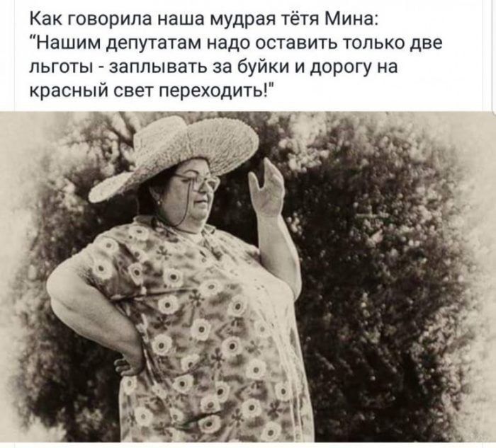 Как говорила наша мудрая тетя Мина Нашим депутатам надо оставить только две льготы _ заппывать за буйки и дорогу на красный свет переходить