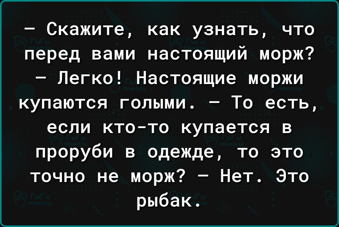 Скажите как узнать что перед вами настоящий морж Легко Настоящие маржи купаются голыми То есть если ктото купается в проруби в одежде то это точно не морж Нет Это рыбак