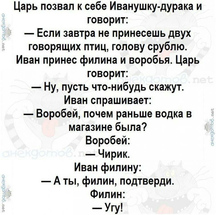 Царь позвал к себе Иванушку дурака и говорит Если завтра не принесешь двух говорящих птиц голову срублю Иван принес филина и воробья Царь говорит Ну пусть что нибудь скатт Иван спрашивает Воробей почем раньше водка в магазине была Воробей Чирик Иван филину А ты филин подтверди Филин Угу