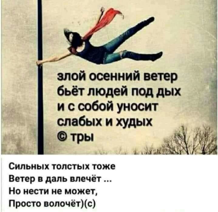 злой ооенний ветер бьёт людей под дых и с собой уносит слабых и худых і Ы Г у тр МШЁ Сильных толстых тоже Ветер в даль влечёт Но нести не может Просто волочетс
