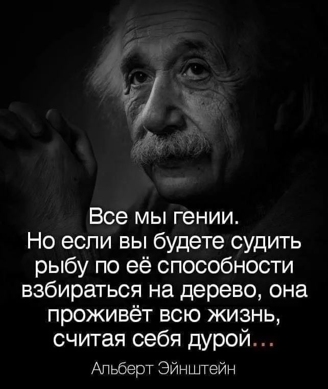 г Все мы гении Но если вы будете судить рыбу по её способности взбираться на дерево она проживёт всю жизнь считая себя дурой Апьберт Эйнштейн