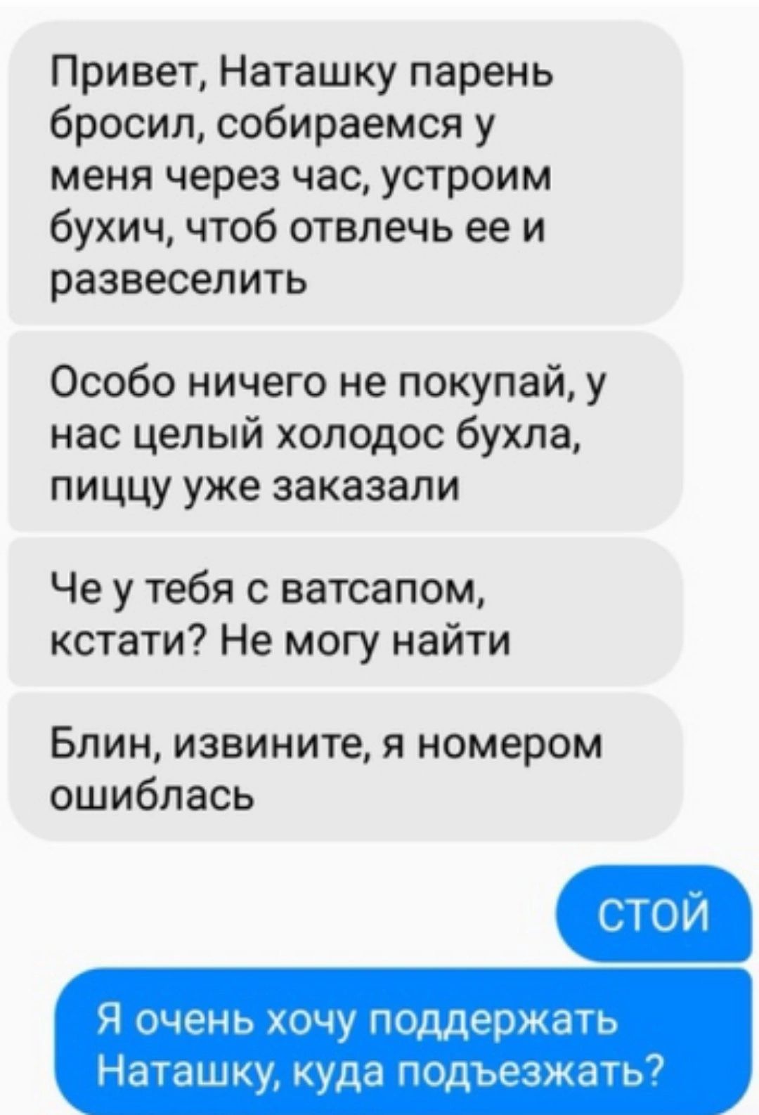 Привет Наташку парень бросил собираемся у меня через час устроим бухич чтоб отвлечь ее и развеселить Особо ничего не покупай у нас целый холодос бухла пиццу уже заказали Че у тебя с ватсапом кстати Не могу найти Блин извините я номером ошиблась ТОИ Я Очэнь Очу поддержать Наташку куда подьезишть7