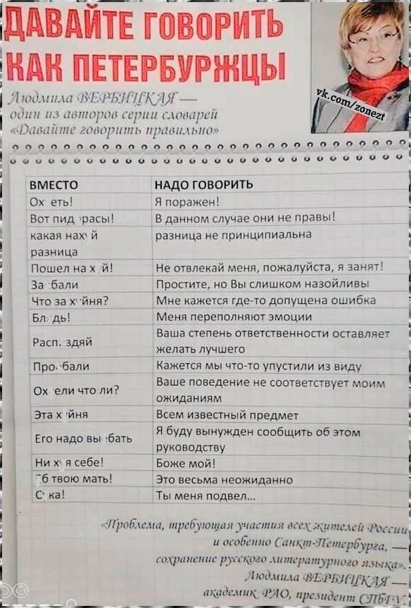 ДАВАЙТЕ ГОВОРИТЬ КАН ПЕТЕРБУРЯЖЦЫ Людмила ЕРБУИИКАЯ один из авторов серии словарей Оавайте говорить правильно проблеми тревующая участия осех жителей оссии и особенно Санк сохронсние русекого дитературиого язндиь Людмила ФЕРБИЦКЛЯ кадемик ЯО президент СЛБуУ і вмЕСТО НАДО ГОВОРИТЬ Ох еть Я поражен И макоянок й разница не принципиальна 1 разница Поше