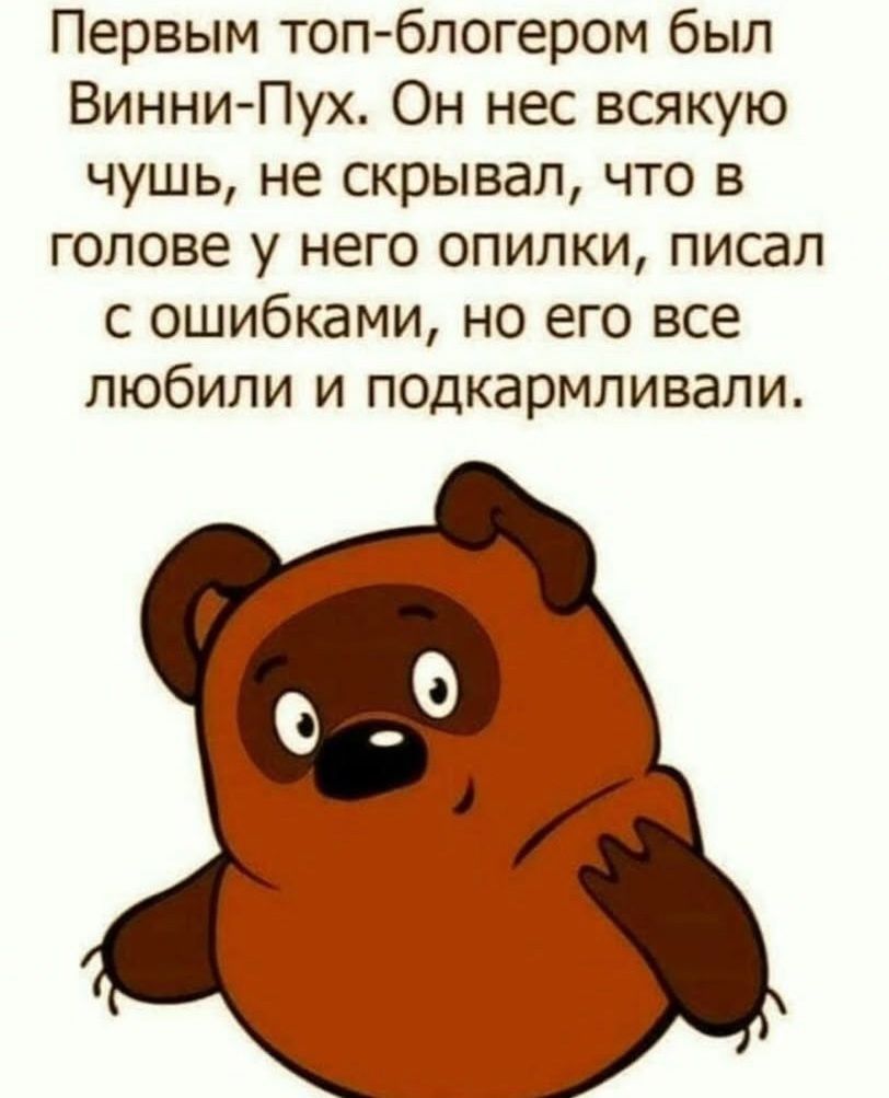 Первым топ блогером был Винни Пух Он нес всякую чушь не скрывал что в голове у него опилки писал с ошибками но его все любили и подкармливали