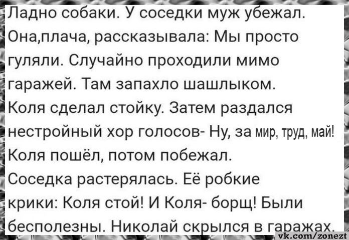 Ладно собаки. У соседки муж убежал.
Она, плача, рассказывала: Мы просто гуляли. Случайно проходили мимо гаражей. Там запахло шашлыком.
Коля сделал стойку. Затем раздался нестройный хор голосов- Ну, за мир, труд, май!
Коля пошёл, потом побежал.
Соседка растерялась. Её робкие крики: Коля стой! И Коля- борщ! Были бесполезны. Николай скрылся в гаражах.
