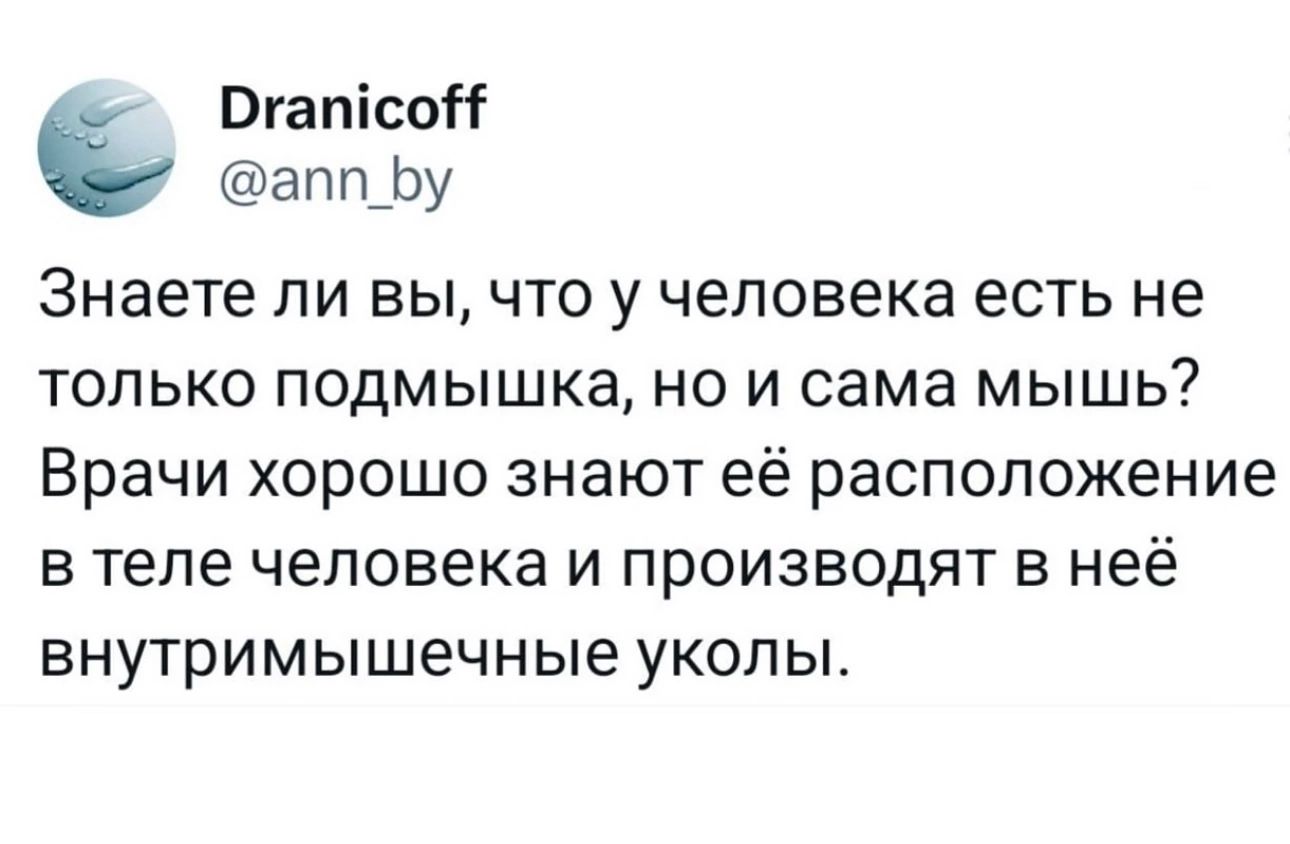 Знаете ли вы, что у человека есть не только подмышка, но и сама мышь? Врачи хорошо знают её расположение в теле человека и производят в ней внутримышечные уколы.