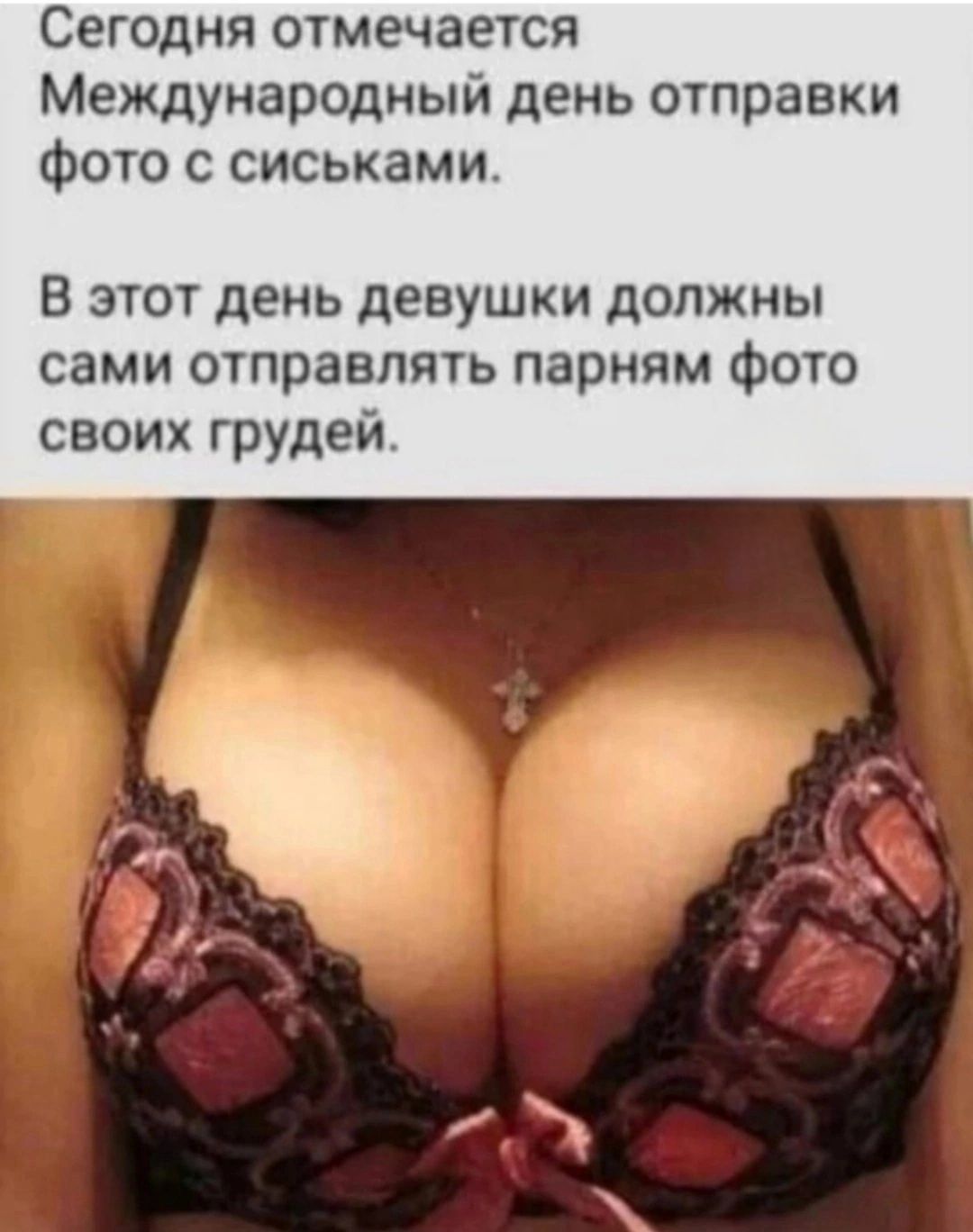 Сегодня отмечается Международный день отправки фото с сиськами. В этот день девушки должны сами отправлять парням фото своих грудей.