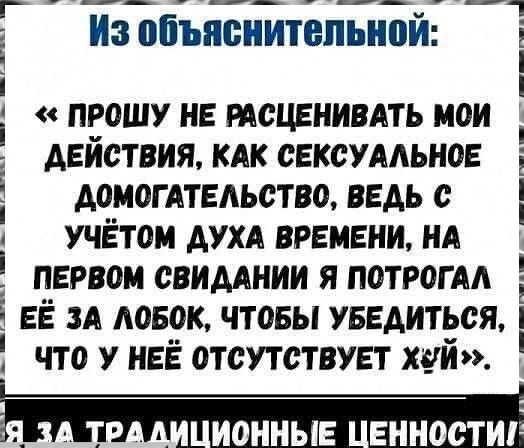Из объяснительной: «Прошу не расценивать мои действия, как сексуальное домогательство, ведь с учётом духа времени, на первом свидании я потрал её за лобок, чтобы убедиться, что у неё отсутствует хуй». Я за традиционные ценности!