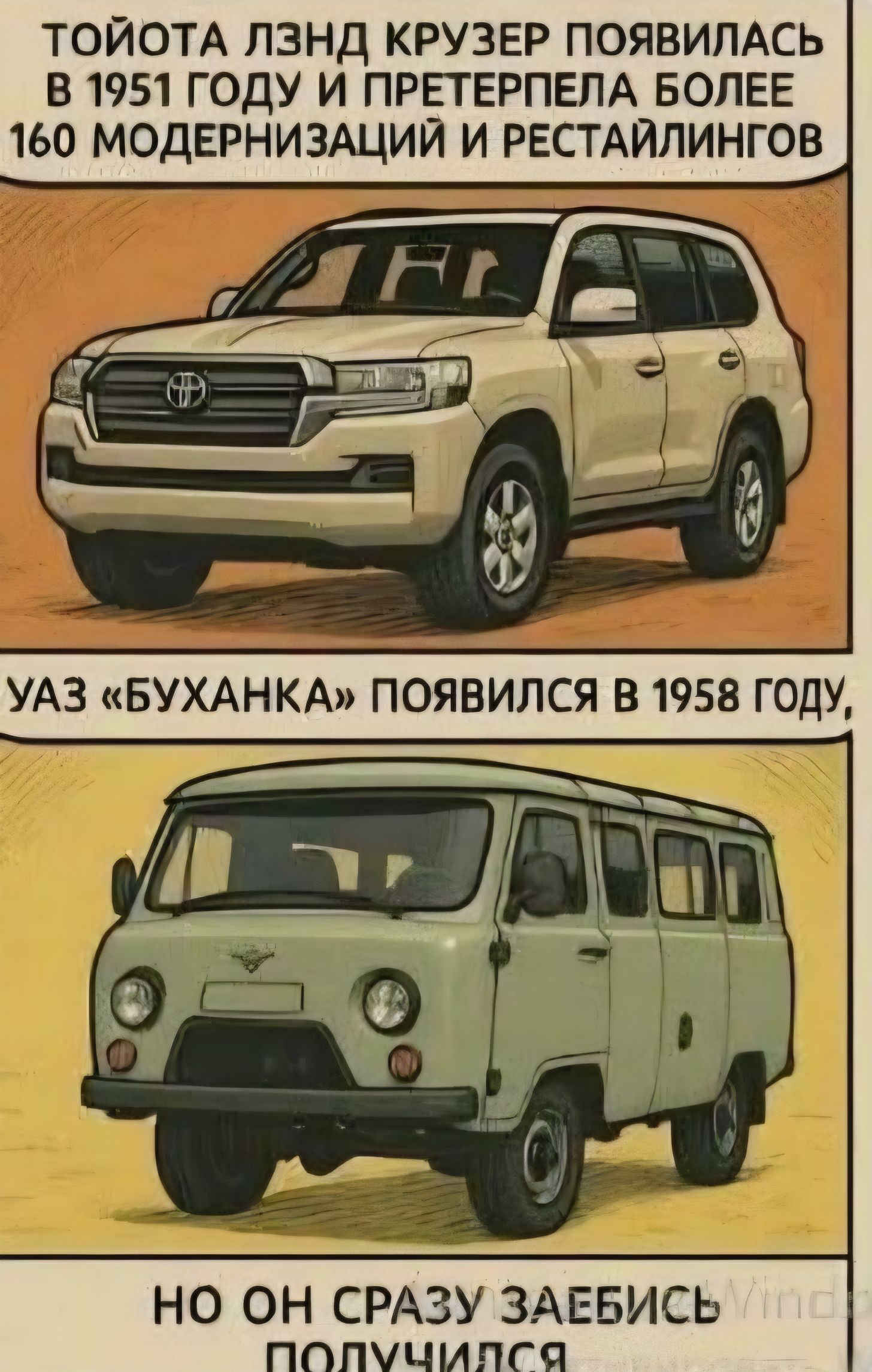 ТОЙОТА ЛЭНД КРУЗЕР ПОЯВИЛАСЬ В 1951 ГОДУ И ПРЕТЕРПЕЛА БОЛЕЕ 160 МОДЕРНИЗАЦИЙ И РЕСТАЙЛИНГОВ. УАЗ «БУХАНКА» ПОЯВИЛСЯ В 1958 ГОДУ, НО ОН СРАЗУ ЗАЕБИСЬ ПОЛУЧИЛСЯ