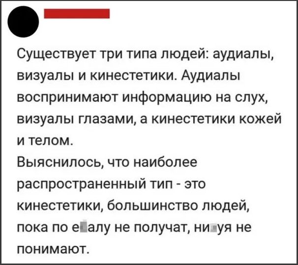 Существует три типа людей: аудиалы, визуалы и кинестетики. Аудиалы воспринимают информацию на слух, визуалы глазами, а кинестетики кожей и телом. Выяснилось, что наиболее распространённый тип - это кинестетики, большинство людей, пока по телу не получат, ничего не понимают.