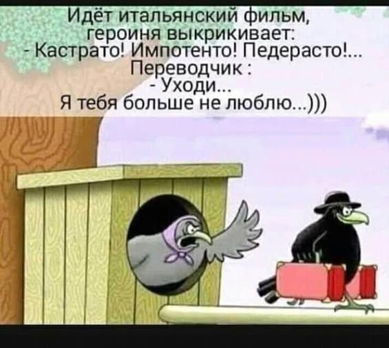 Идёт итальянский фильм, героиня выкрикивает: - Кастратo! Импотент! Педерасто!... Переводчик: - Уходи... Я тебя больше не люблю...)))