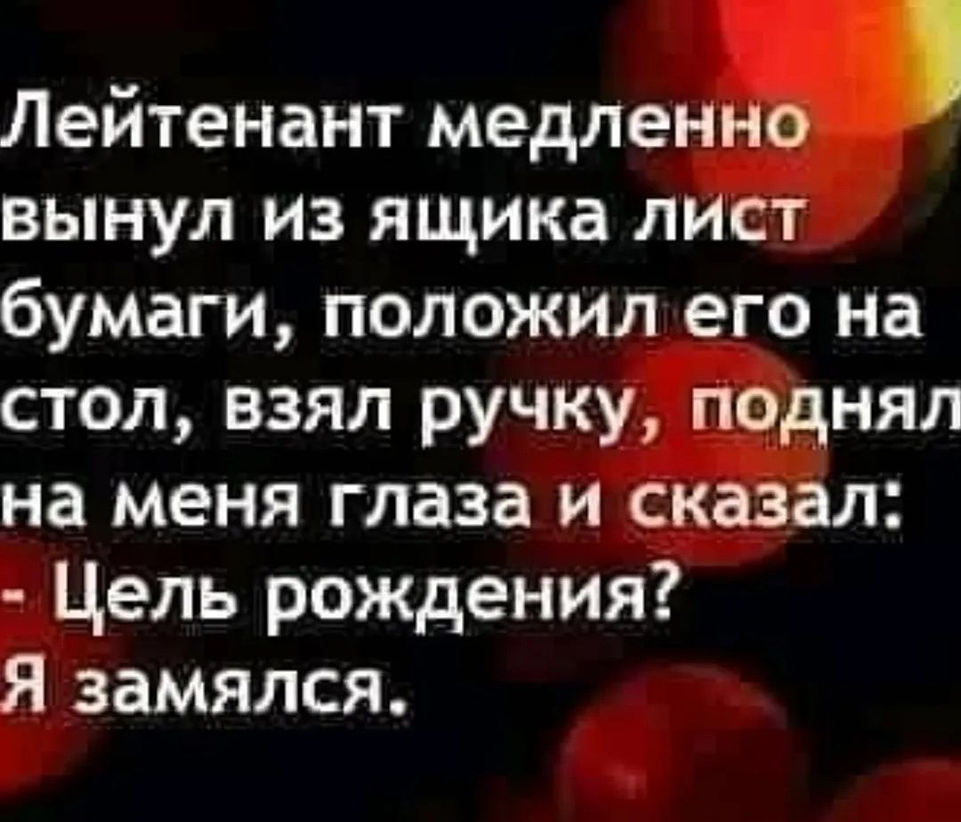 Лейтенант медленно вынул из ящика лист бумаги, положил его на стол, взял ручку, поднял на меня глаза и сказал: - Цель рождения? Я замялся.