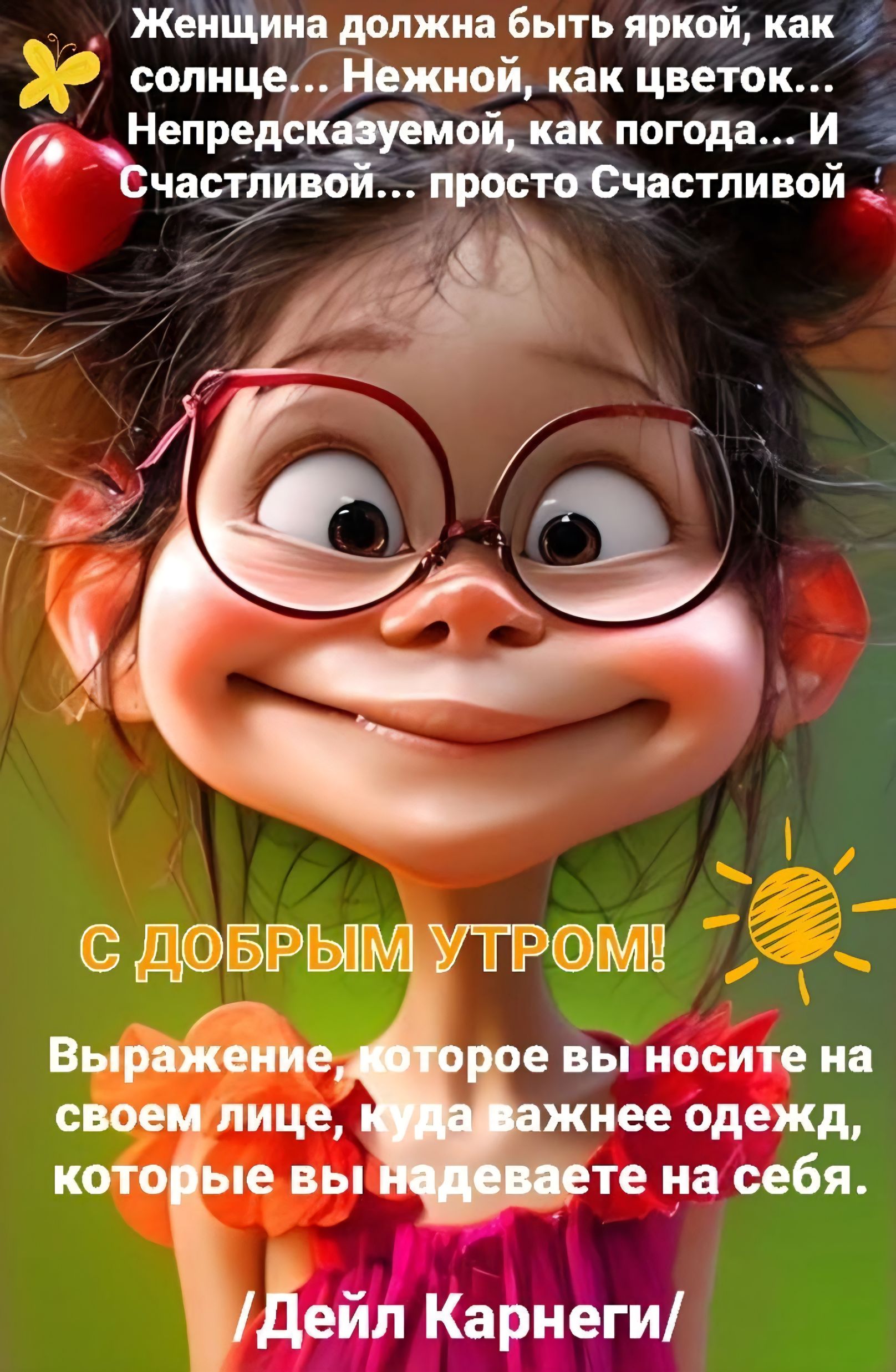 Женщина должна быть яркой, как солнце... Нежной, как цветок... Непредсказуемой, как погода... И Счастливой... просто Счастливой! С ДОБРЫМ УТРОМ! Выражение, которое вы носите на своем лице, куда важнее одежды, которые вы надеваете на себя. /Дейл Карнеги/