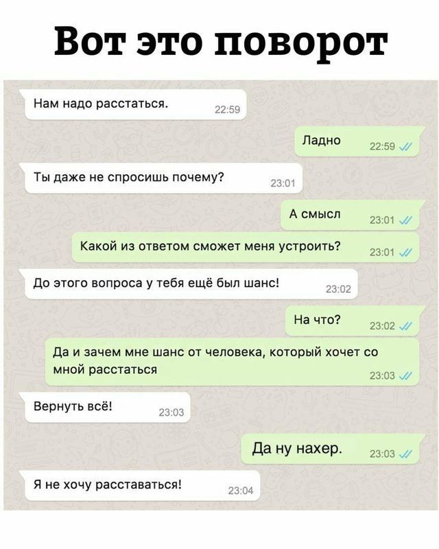 Вот это поворот
Нам надо расстаться. 22:59
Ладно 22:59
Ты даже не спросишь почему? 23:01
А смысл 23:01
Какой из ответом сможет меня устроить? 23:01
До этого вопроса у тебя ещё был шанс! 23:02
На что? 23:02
Да и зачем мне шанс от человека, который хочет со мной расстаться 23:03
Вернуть всё! 23:03
Да ну нахер. 23:03
Я не хочу расставаться! 23:04