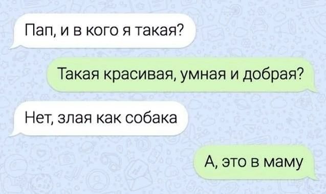 Пап, и в кого я такая? Такая красивая, умная и добрая? Нет, злая как собака. А, это в маму