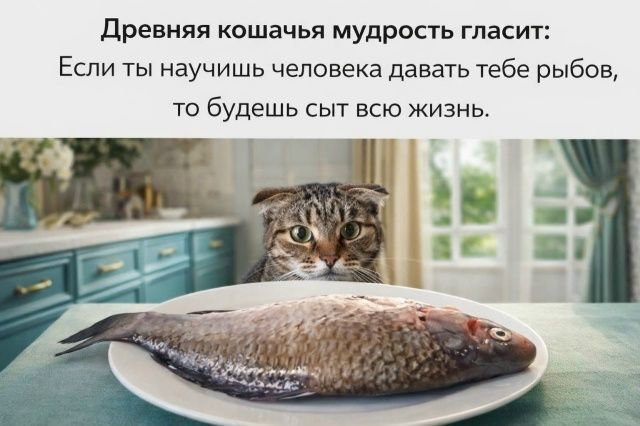 Древняя кошачья мудрость гласит: Если ты научишь человека давать тебе рыбов, то будешь сыт всю жизнь.