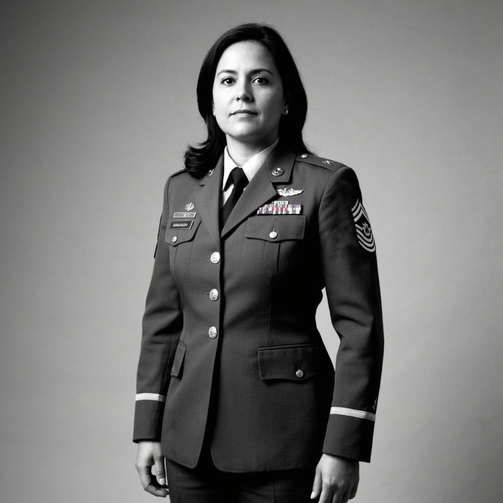 Черно-белый портрет женщины в военной форме, стоящей перед камерой.