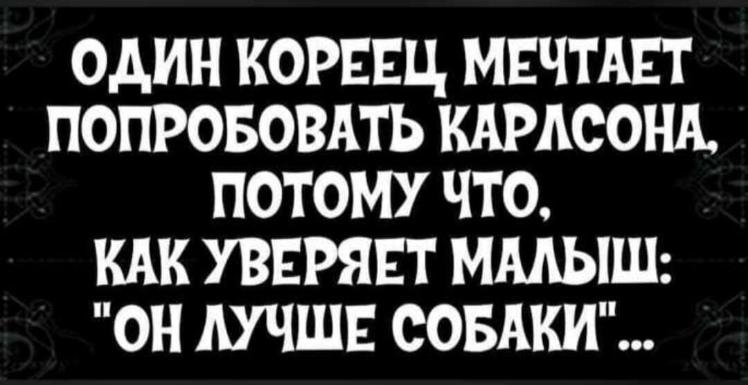 ОДИН КОРЕЕЦ МЕЧТАЕТ ПОПРОБОВАТЬ КАРАСОНА ПОТОМУ ЧТО КАК УВЕРЯЕТ МААЫШ ОН АУЧШЕ СОБАКИ