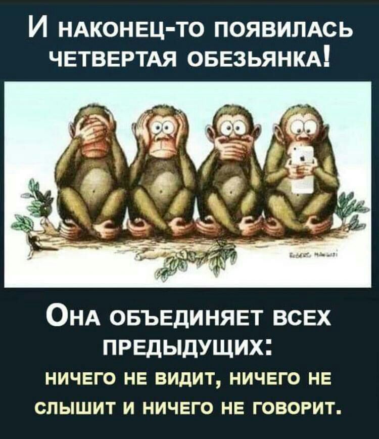 И НАКОНЕЦ ТО ПОЯВИЛАСЬ ЧЕТВЕРТАЯ ОБЕЗЬЯНКА ОНА ОБЪЕДИНЯЕТ ВСЕХ ПРЕДЫДУЩИХ ничего не видит ничего не слышит и ничего не говорит