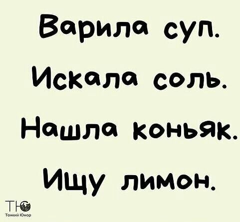 Верит суп Искала соль Нашла коньяк Ищу лимон