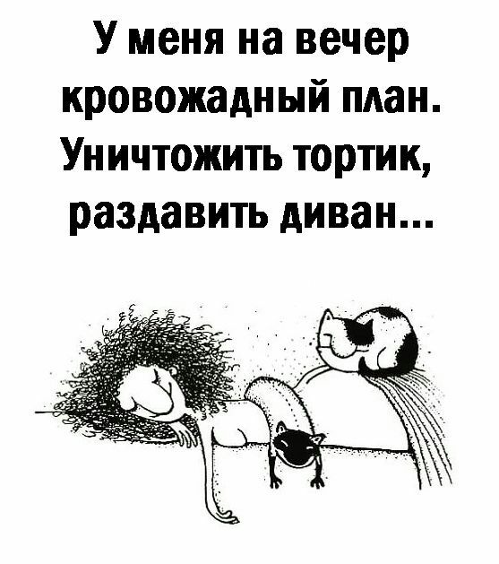 У меня на вечер кровожадный план Уничтожить тортик раздавить диван