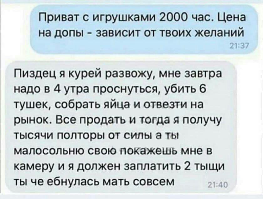 Приват игрушками 2000 час Цена на дОПЫ ЗЗБИСИТ ОТ ТВОИХ желаний и 37 Пиздец я курей развожу мне завтра надо в 4 утра проснуться убить 6 тушек собрать яйца и отвезти на РЫНОК Все продать И ТОГДЗ Я получу тысячи полторы от силы а ты МаПОСОПЬНЮ СВОЮ покажешь мне 8 камеру и я должен заплатить 2 тыщи ты че ебнупась мат совсем