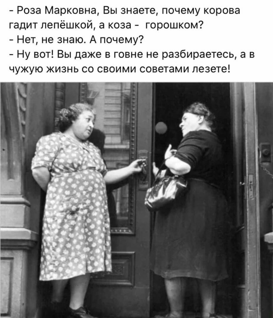 Роза Марковна Вы знаете почему корова гадит пепёшкой а коза горошком Нет не знаю А почему Ну вот Вы даже в говне не разбираеюсь а в чужую жизнь со своими советами пезете