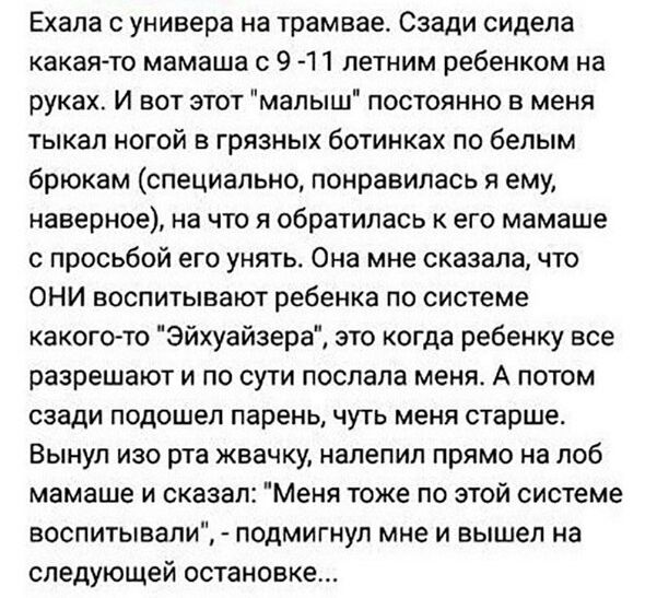 Ехала универа на трамвае Сзади сидела какая то мамаша с 9 11 летним ребенком на руках И вот этот малыш постоянно в меня тыкап ногой в грязных ботинках по белым брюкам специально понравилась я ему наверное на что я обратилась к его мамаше с просьбой его унять Она мне сказала что ОНИ воспитывают ребенка по системе какоптю Эйхуайзера это когда ребенку все разрешают и по сути послала меня А потом сзад