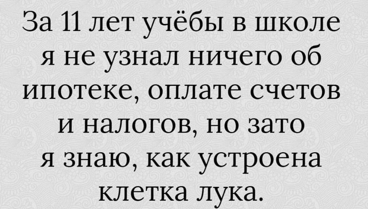 За 11 лет учёбы в школе я не узнал ничего об ипотеке оплате счетов и налогов но зато я знаю как устроена клетка лука