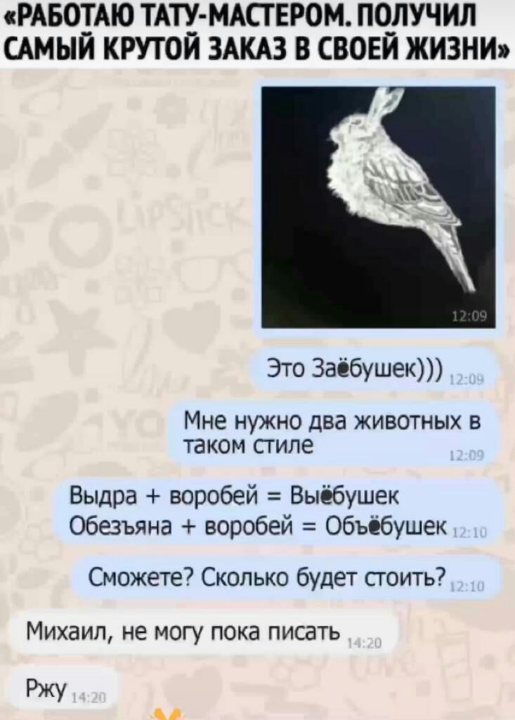 РАБОТАЮ ТАТУ МАСТЕРОМ ПОЛУЧИЛ САМЫЙ КРУТОЙ ЗАКАЗ В СВОЕЙ ЖИЗНИ Это Заібушекп МНЕ НУЖНО два ЖИВОТНЫХ В таком СТИЛЕ Выдра воробей Выёбушек обезъяна воробей Объёбушек Сможете Сколько будет поить МИХЕИП не МОГУ пока ПИСВТЬ РЖУ